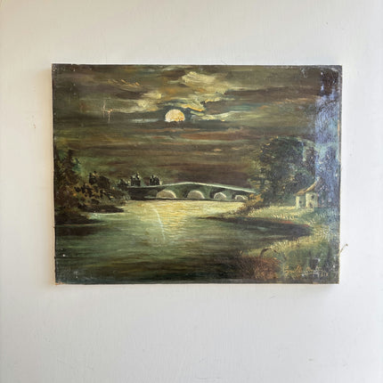 1915 Antique Landscape Oil Painting "Stone Bridge" French Artwork Holland Art Shop