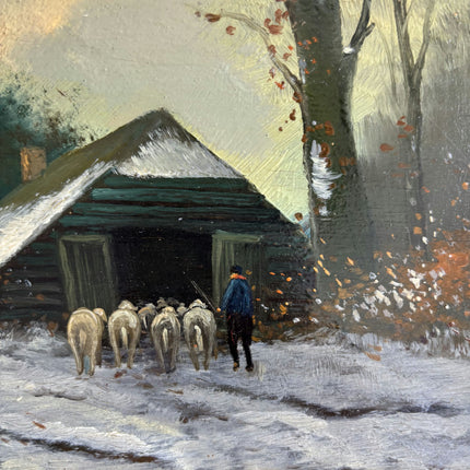 19th Century Antique Landscape Oil Painting "Snowy Cottage" Art Holland Art Shop