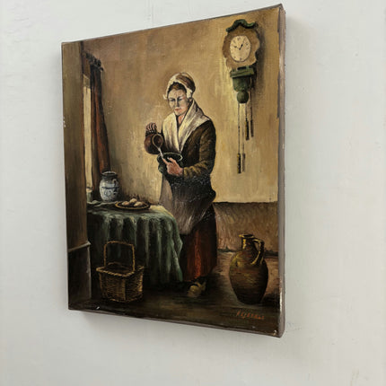 Vintage Portrait Oil Painting "Woman Pouring" Traditional Small Artwork Holland Art Shop
