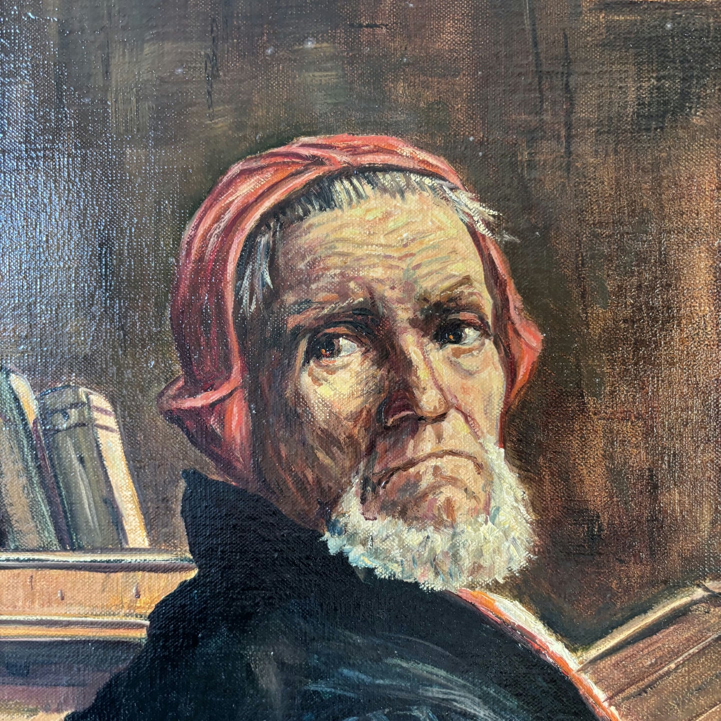 Thoughtful Elderly Scholar Oil Painting Library Books Antique sold without frame