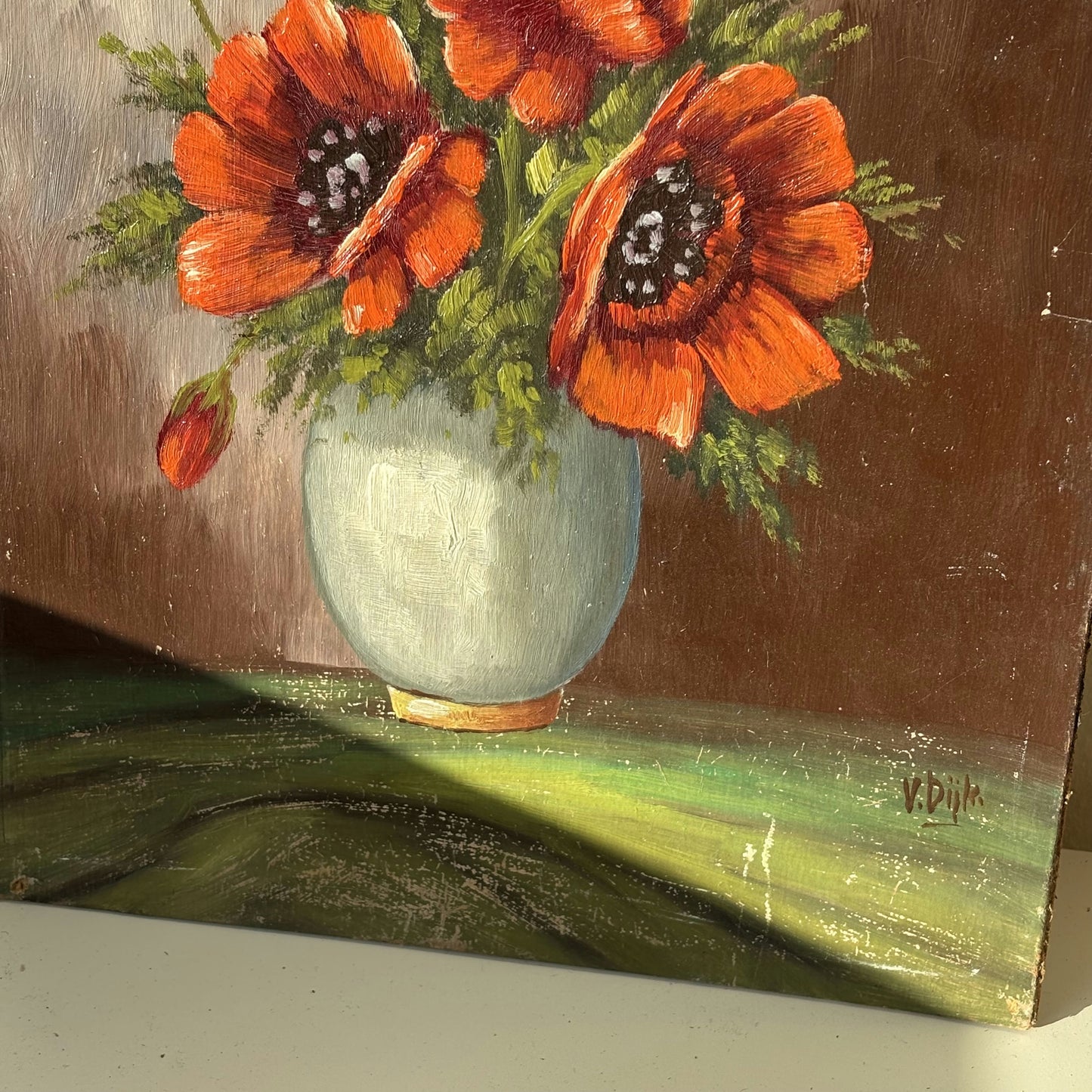 Remarkable Flowery Still Life Oil Painting "Crimson Poppy Bouquet" Small Artwork