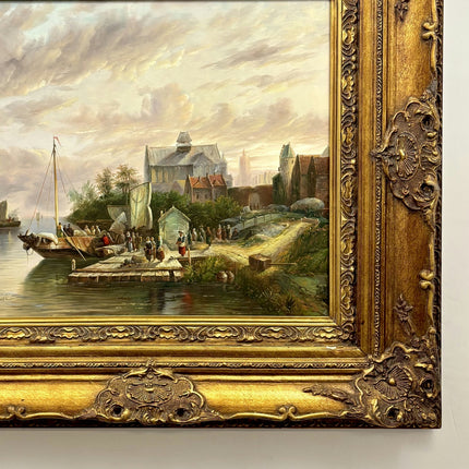 Handcrafted Harbor Scene Oil Painting "Harbor Scene" Traditional Large Artwork Holland Art Shop