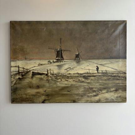 Vintage Landscape Oil Painting "Windmill Pair" Original Dutch Artwork Holland Art Shop
