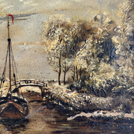 Vintage Harbor Scene Oil Painting "Gold Frame" Rustic Small Art Holland Art Shop