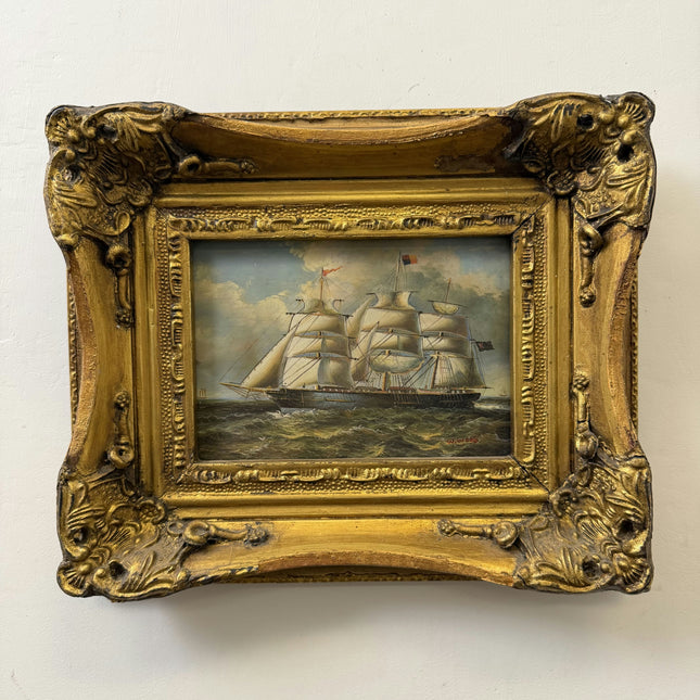 Vintage Seascape Oil Painting "Gilded Frame" Rustic Small Artwork Holland Art Shop