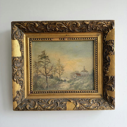19th Century Antique Winter Landscape Oil Painting "Gilded Frame" Small Art Holland Art Shop