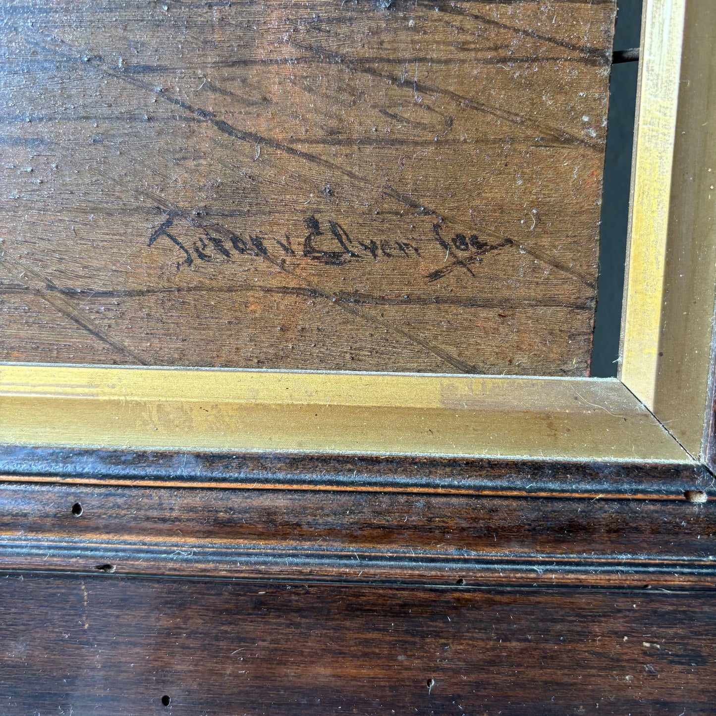 19th Century Gothic Church Interior Columns Figures Light Antique Oil Painting