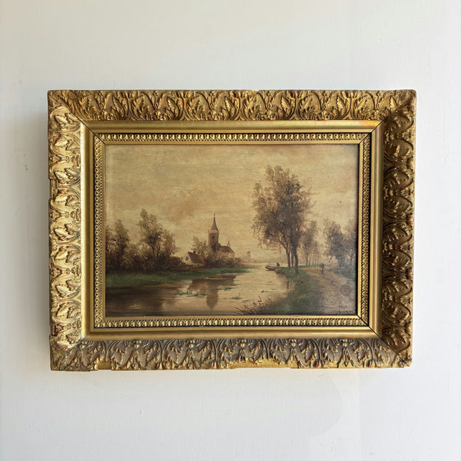 19th Century Antique Landscape Oil Painting "Gilded Frame" Artwork Holland Art Shop