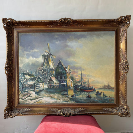 Rustic Winter Landscape Oil Painting "Windmill Tower" Refined Large Art Holland Art Shop
