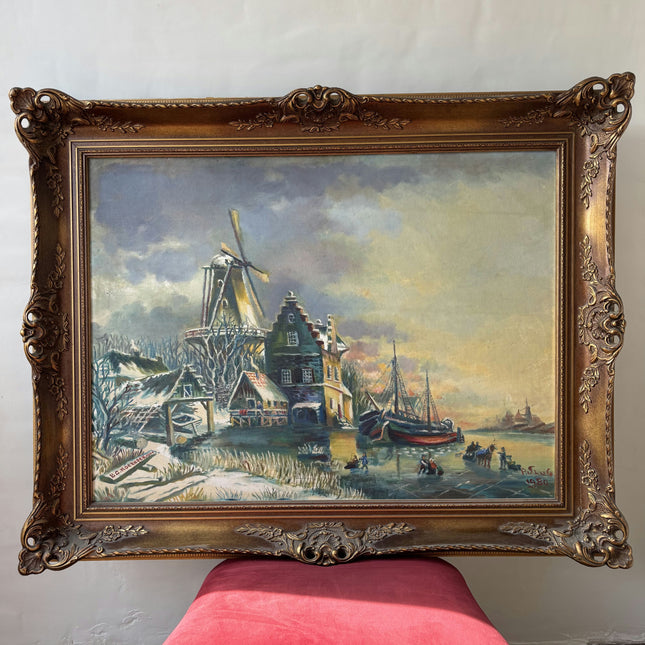 Rustic Winter Landscape Oil Painting "Windmill Tower" Refined Large Art Holland Art Shop