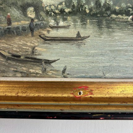 Authentic Landscape Oil Painting "River Boats" Elegant Small Art Holland Art Shop
