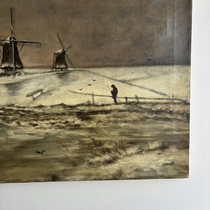 Vintage Landscape Oil Painting "Windmill Pair" Original Dutch Artwork Holland Art Shop