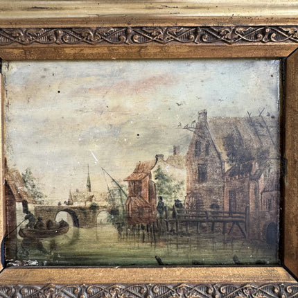 19th Century Antique Harbor Scene Oil Painting "Gilded Frame" Small Art Holland Art Shop