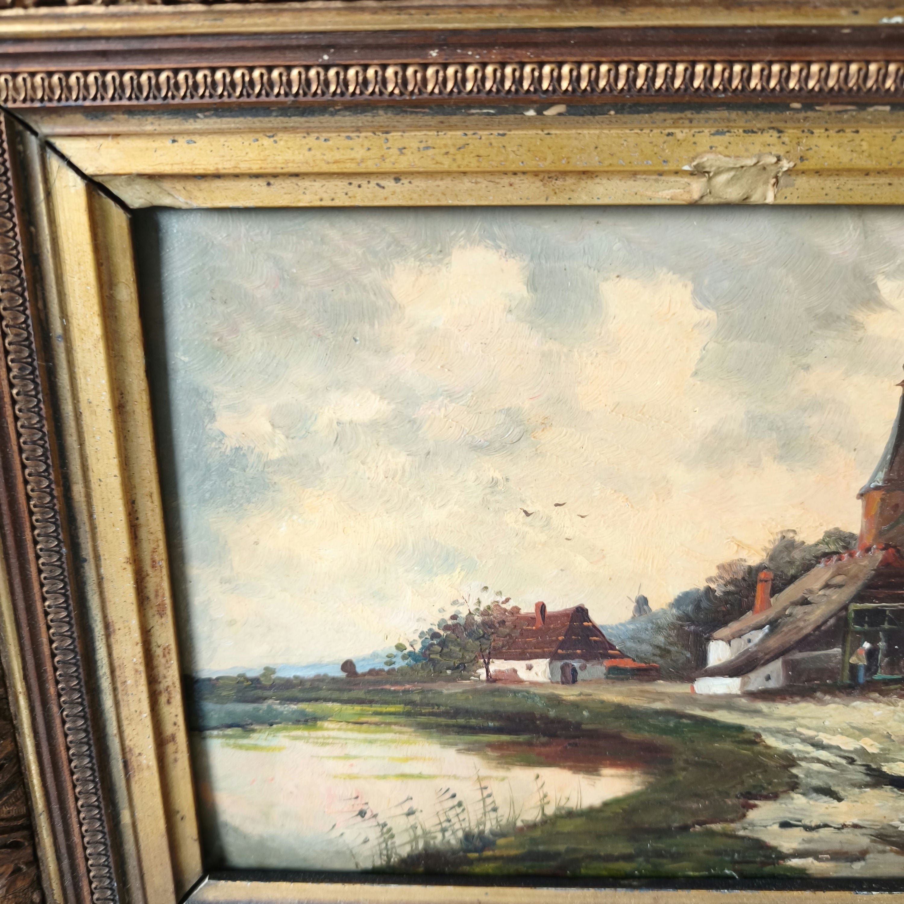 19th Century Lakeside Cottages Church Trees Pathway Clouds Oil Painting Antique