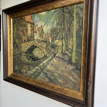 1910 Antique Cityscape Oil Painting "Stone Bridge" Large Artwork Holland Art Shop