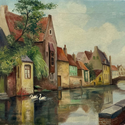 Vintage Cityscape Oil Painting "Canal Houses" Expressive Small Artwork Holland Art Shop