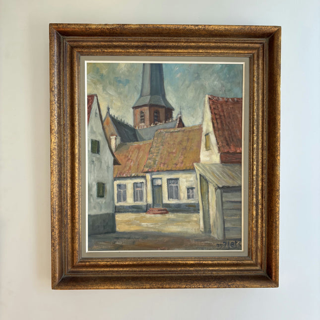 Original Cityscape Oil Painting "Village Church" Vintage Large Art Holland Art Shop