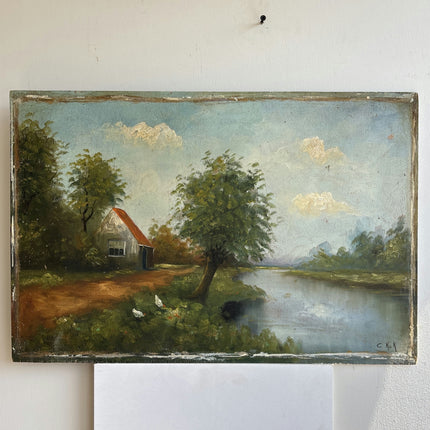 Antique Landscape Oil Painting "Riverside Cottage" Refined Art Holland Art Shop