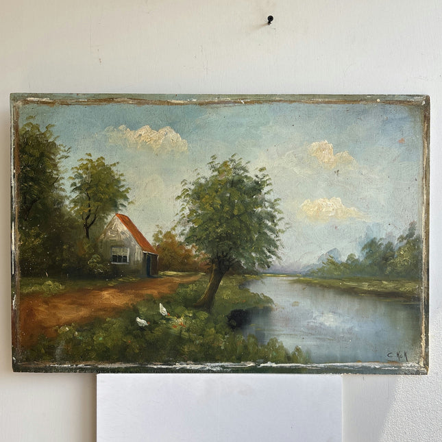 Antique Landscape Oil Painting "Riverside Cottage" Refined Art Holland Art Shop
