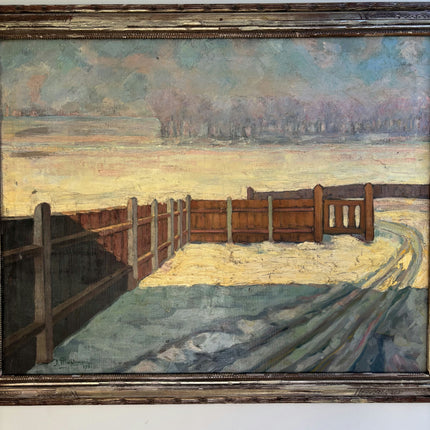 Refined Winter Landscape Oil Painting "Wooden Fence" Vintage Large Artwork Holland Art Shop