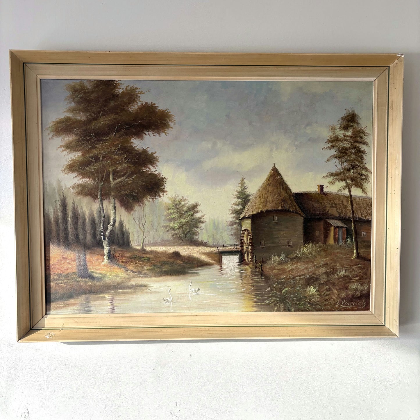 Wonderful Landscape Oil Painting "Watermill Structure" Authentic Large Art