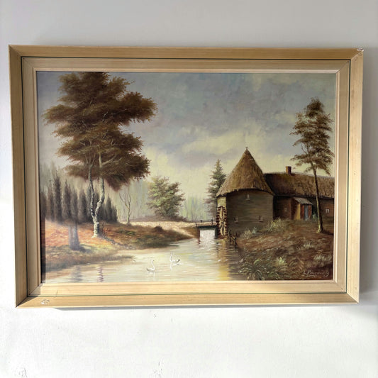 Wonderful Landscape Oil Painting "Watermill Structure" Authentic Large Art