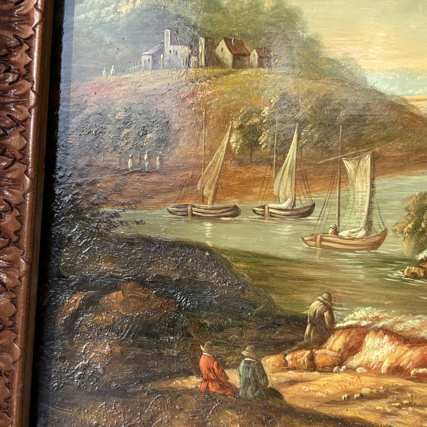 Marvelous Oil Painting Cityscape "Fishing Village" Fine French Art