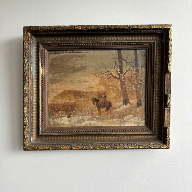 19th Century Antique Winter Landscape Oil Painting "Mounted Frame" Small Artwork Holland Art Shop