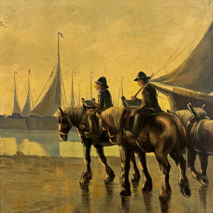 19th Century Antique Harbor Scene Oil Painting "Draft Horses" Large Artwork Holland Art Shop