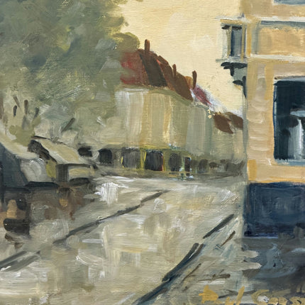 Expressive Dutch Cityscape Oil Painting "Flower Market" Vintage Large Art Holland Art Shop