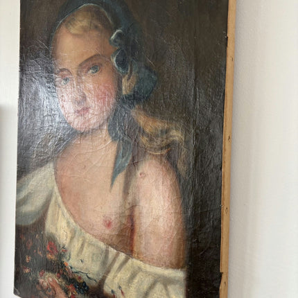 1885 Antique Portrait Oil Painting "Blue Ribbon Girl" Artwork Holland Art Shop