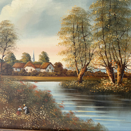 Rustic Cityscape Oil Painting "Thatched Cottages" Vintage Artwork Holland Art Shop