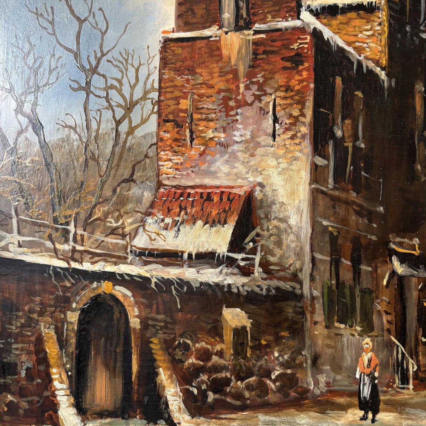 19th Century Antique Brick Building Snow Trees Skaters Oil Painting Authentic