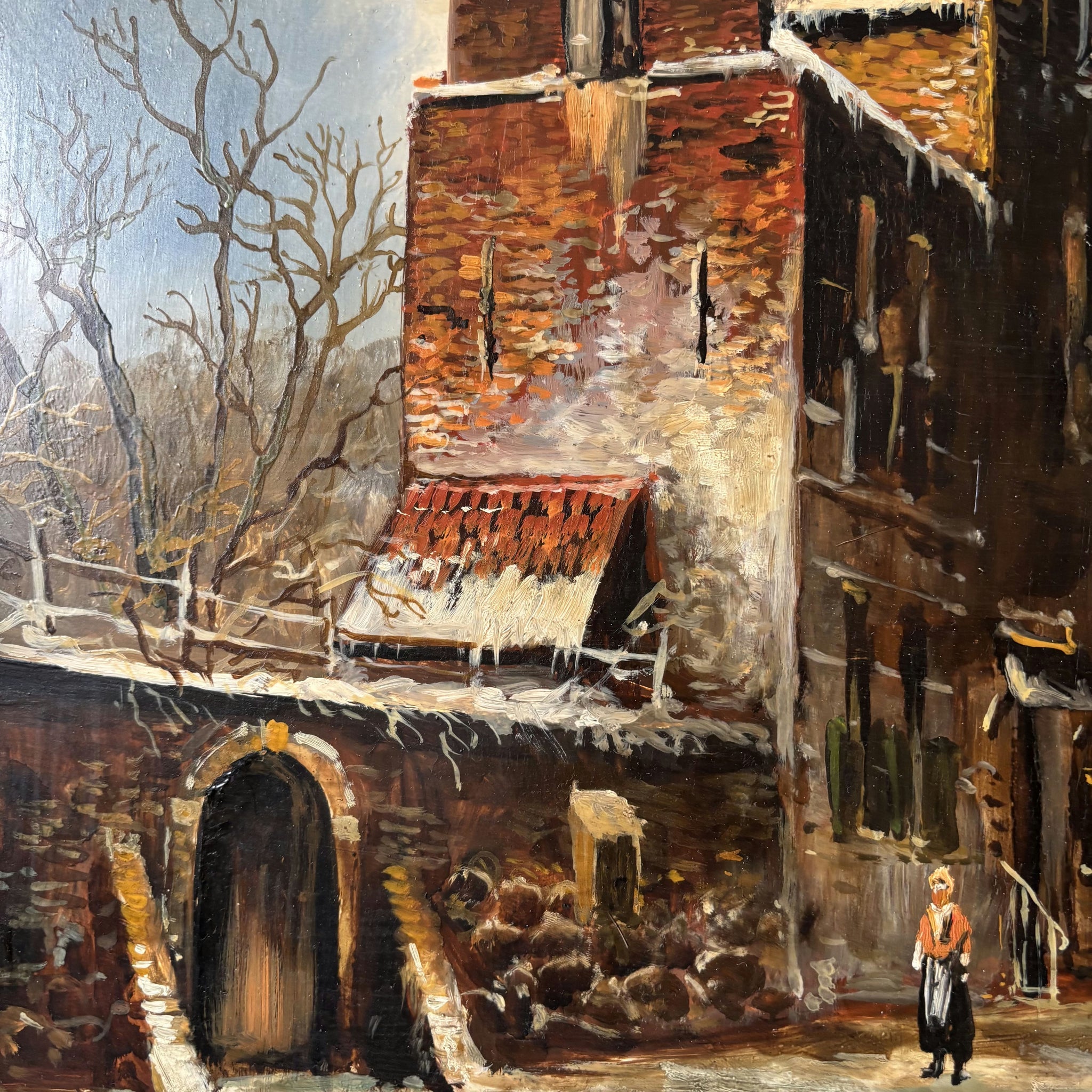 19th Century Antique Brick Building Snow Trees Skaters Oil Painting Authentic
