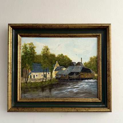 Antique Oil Painting Landscape "Riverside Houses" Remarkable Small Artwork Holland Art Shop