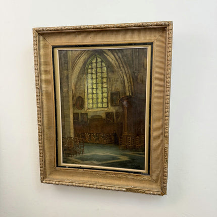 Traditional Church Interior Oil Painting "Stained Window" Vintage Large Art Holland Art Shop