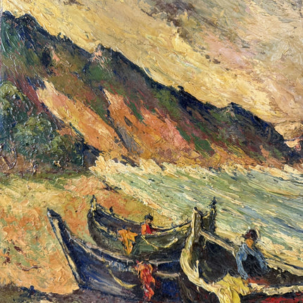 Traditional Harbor Scene Oil Painting "Beached Boats" Rustic Artwork Holland Art Shop
