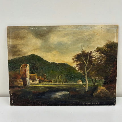 19th Century Antique Landscape Oil Painting "Lonely Tower" Small Art Holland Art Shop