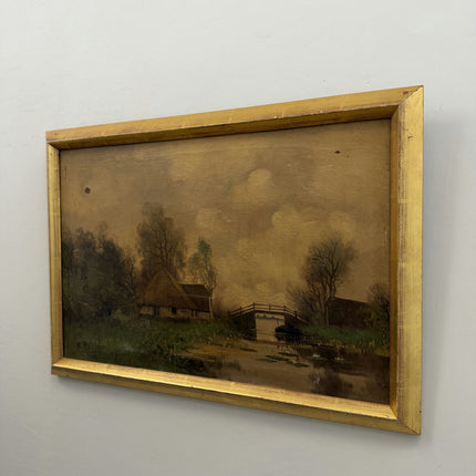 19th Century Antique Landscape Oil Painting "Thatched Cottage" Artwork Holland Art Shop