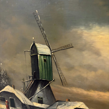 Rustic Winter Landscape Oil Painting "Green Windmill" Classic Small Art Holland Art Shop
