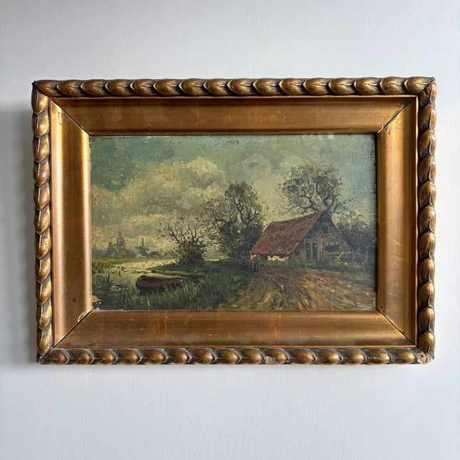 19th Century Antique Farm Oil Painting "Gilded Frame" Art Holland Art Shop