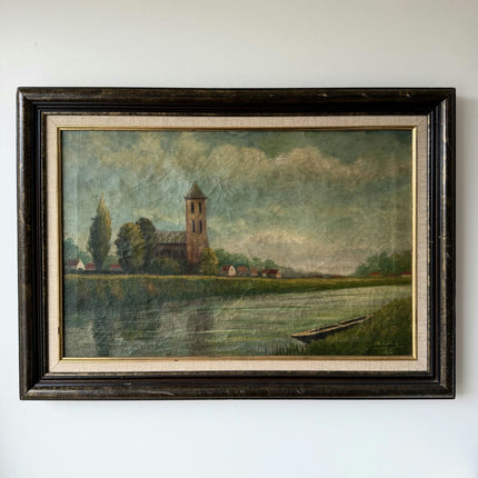 1921 Antique Harbor Scene "River Tower" Large Art Holland Art Shop