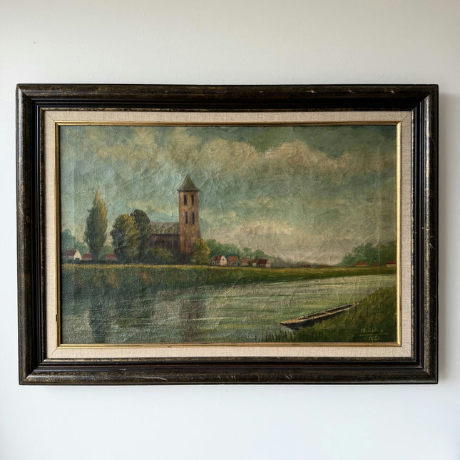 1921 Antique Harbor Scene "River Tower" Large Art Holland Art Shop