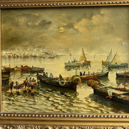 Detailed Harbor Scene Oil Painting "Gilded Frame" Rustic Small Art Holland Art Shop