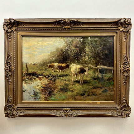 Elegant Animals Oil Painting "Grazing Cows" Vintage Dutch Artwork Holland Art Shop