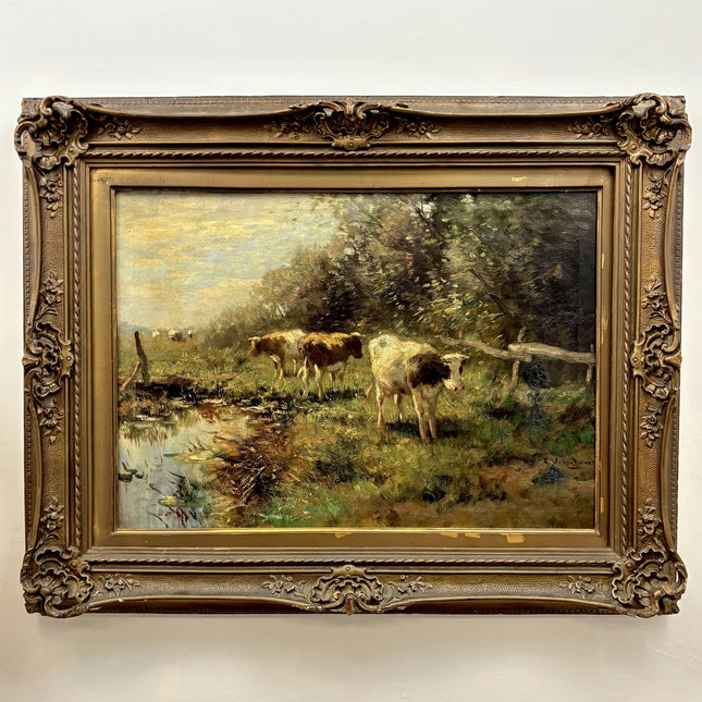 Elegant Animals Oil Painting "Grazing Cows" Vintage Dutch Artwork Holland Art Shop