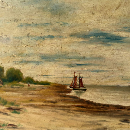 19th Century Antique Harbor Scene Oil Painting "Sailing Boat" Art Holland Art Shop