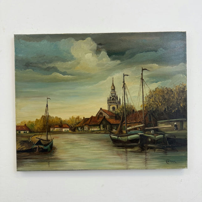 Handcrafted Harbor Scene Oil Painting "Mooring Boats" Rustic Art Holland Art Shop