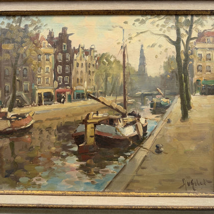 Elegant Cityscape Oil Painting "Canal Boats" Traditional Artwork Holland Art Shop