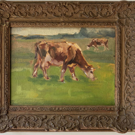 Traditional Animals Oil Painting "Grazing Cow" Vintage Small Art Holland Art Shop